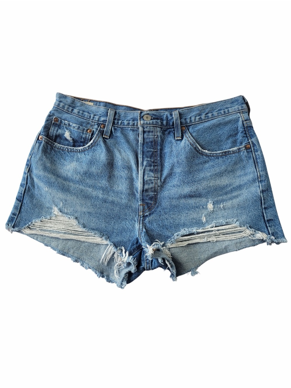 ✅Levi's Premium Denim Ripped High-Rise Denim Cutoff Shorts - Blue  501 size 33